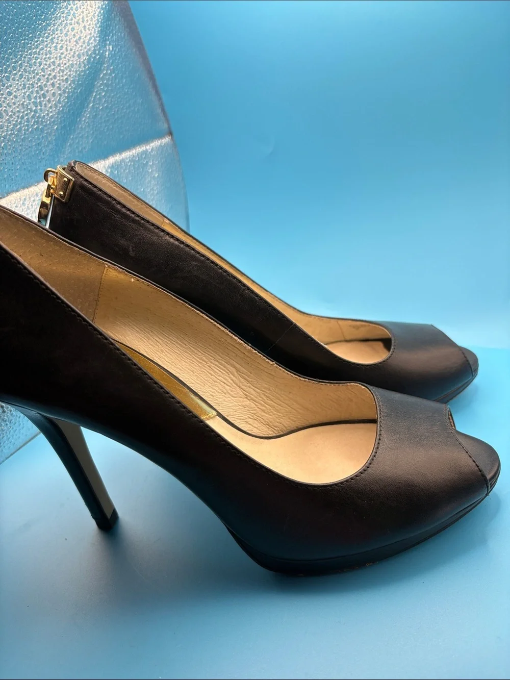 Michael Kors Black Leather Peep-Toe Heels
